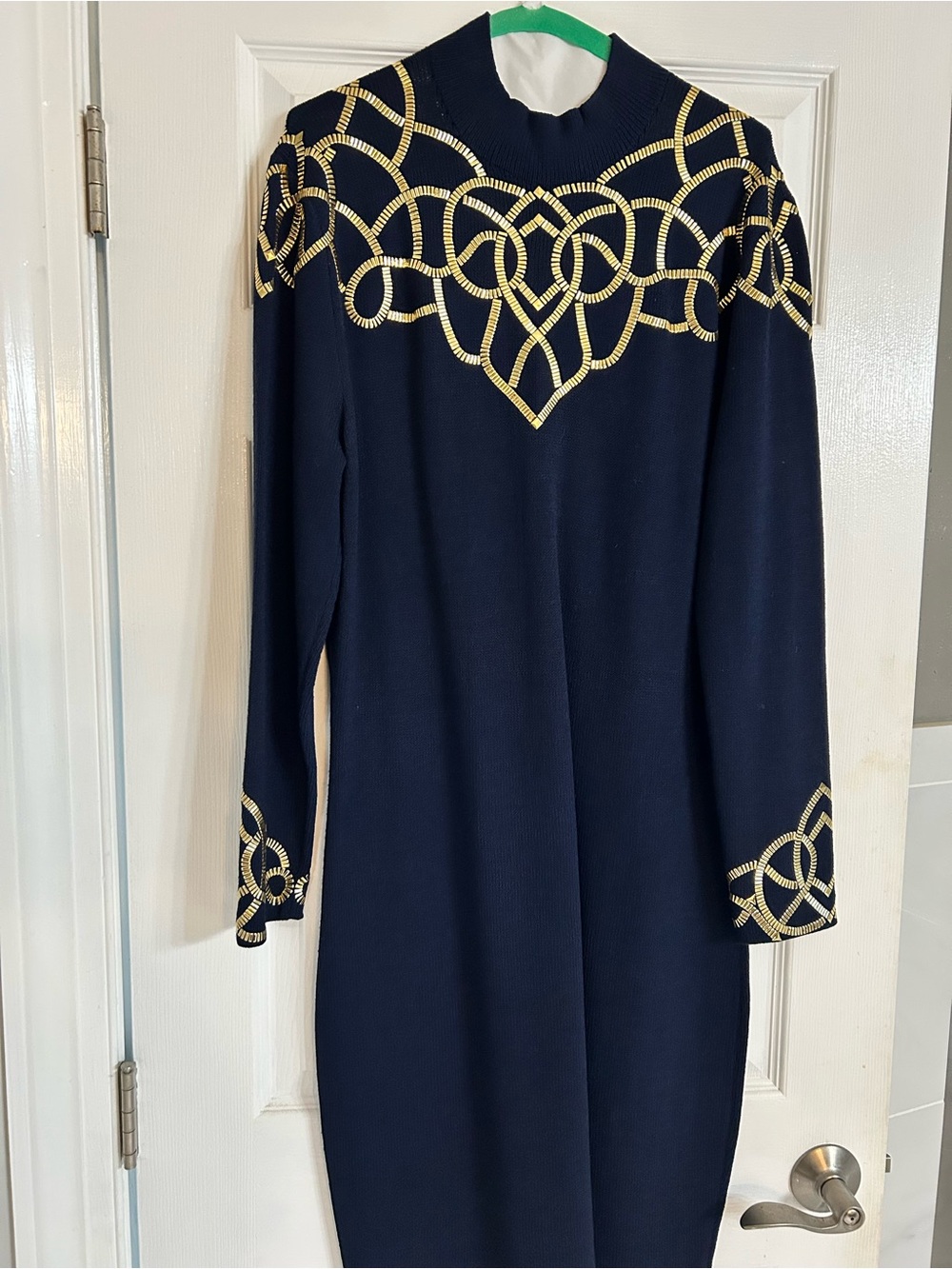 St John Long-Sleeve Knit Dress with Gold Embroidered Detailing